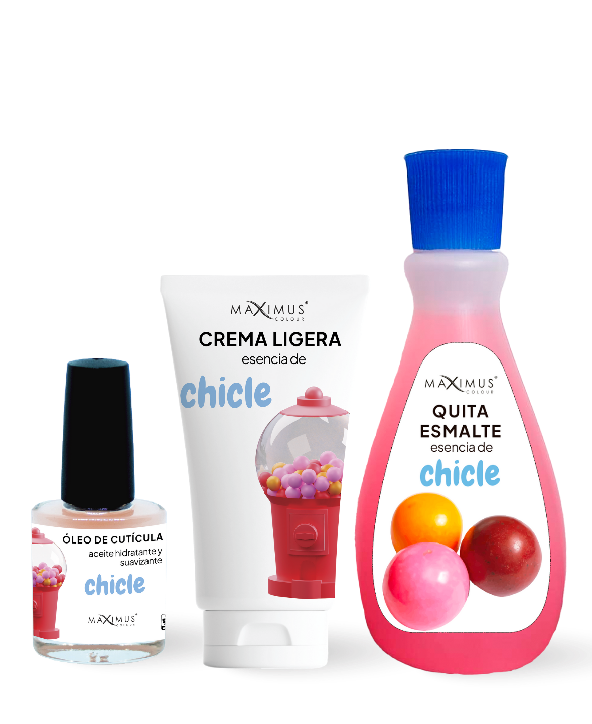 Set de Cuidado de Manos Maximus Colour – Esencia de Chicle (Quita esmalte + Aceite de cutícula + Crema)
