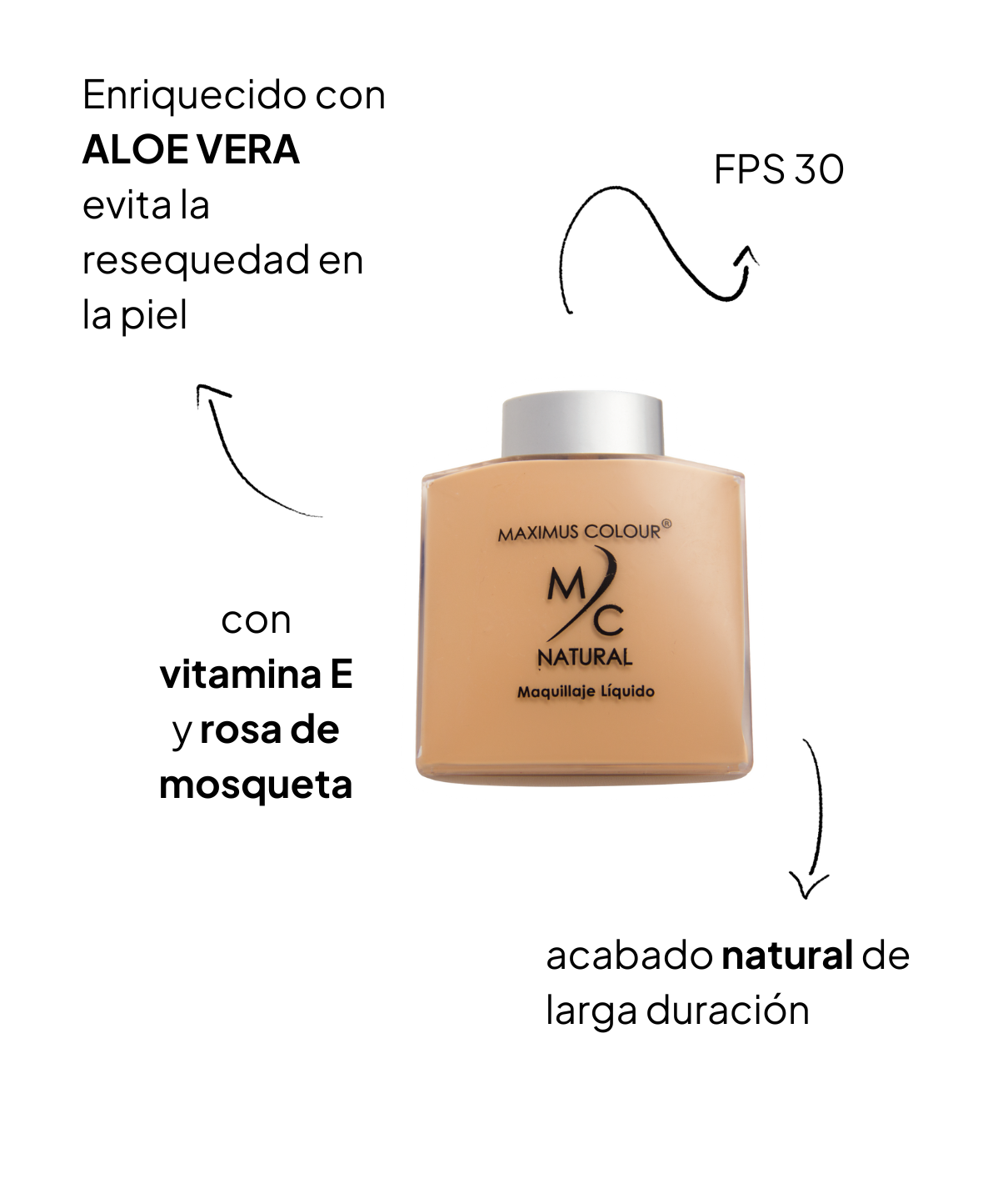 Maquillaje Líquido FPS 30 con Aloe Vera, vitamina E y Rosa de mosqueta acabado natural